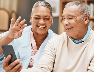 Image showing Video call, wave or happy old couple talking, communication or speaking in conversation in retirement. Partnership, elderly man or senior woman greeting online on phone at home together with smile