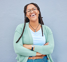 Image showing Portrait, happy and black woman with mockup in studio for advertising, space and proud on grey background. Face, smile and girl relax on wall, laugh and excited with product placement on copy space