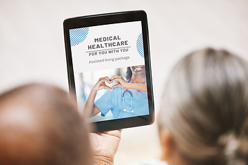 Image showing Tablet, healthcare or old couple reading health insurance information on a medical website or internet. Digital app, screen or elderly man searching online for a life plan or policy with senior woman