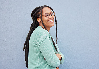 Image showing Happy, proud and black woman with mockup in studio for advertising, space and joy on grey background. Happiness, smile and girl relax on wall, laugh and excited with product placement or copy space