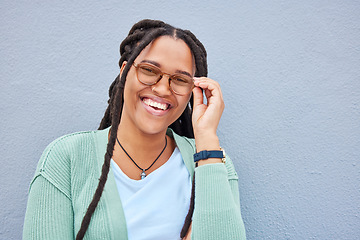 Image showing Smile, portrait and black woman on mockup, happy and confident on grey wall background, cheerful and carefree. Face, space and girl relax on copy space for advertising, product placement and isolated