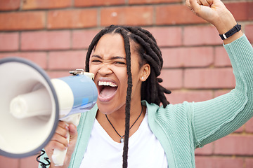 Image showing Speaker, protest or angry black woman with speech announcement for politics, equality or human rights. Young feminist leader, stop or loud gen z girl shouting for justice or help on wall background