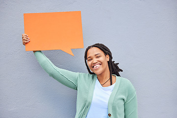 Image showing Black woman, portrait or speech bubble of opinion, social media or vote on isolated mock up, grey background or mockup. Smile, happy or student on paper poster, marketing billboard or feedback review