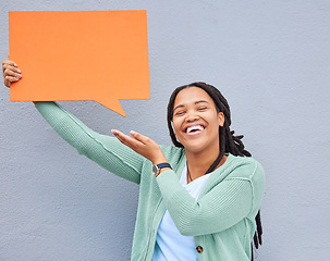 Image showing Black woman, portrait or showing speech bubble on isolated background of opinion mockup, social media or vote mock up. Smile, happy or student on paper poster, marketing billboard or feedback review