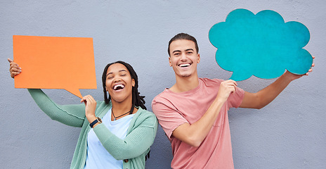 Image showing Happy couple, portrait or speech bubble on isolated background of voice opinion mockup, social media or vote mock up. Smile, man or black woman on paper poster, marketing billboard or feedback review