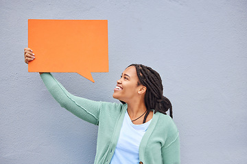 Image showing Black woman, banner or speech bubble on isolated background of voice opinion mockup, social media or vote mock up. Smile, happy or student on paper poster, marketing billboard or feedback news review