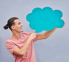 Image showing Man, banner or speech bubble on isolated background of voice opinion mockup, social media or vote mock up. Smile, happy or student on paper poster, marketing billboard or feedback review of sale deal