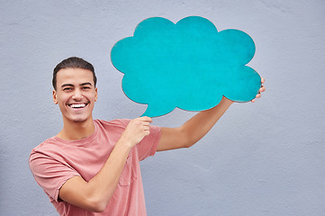 Image showing Man, portrait and speech bubble on isolated background of voice opinion mockup, social media or vote mock up. Smile, happy and student on paper poster, marketing billboard or feedback review of sales