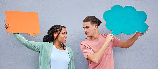 Image showing Couple, thinking or speech bubble on isolated background of voice mockup, social media or vote mock up. People, man or black woman on paper poster, marketing billboard or competition feedback review