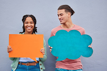 Image showing Speech bubble, diversity and couple of friends in studio for advertising, mockup and and space on grey background. Paper, banner and woman with man for social networking, communication and branding