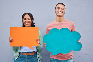 Image showing Portrait, speech bubble and couple of friends in studio for advertising, mockup and and space on grey background. Face, banner and woman with man for social networking, communication and branding