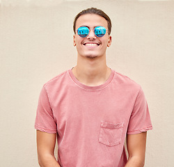 Image showing Man, face or fashion sunglasses on isolated background for promotion branding, optometry sales or mockup marketing. Smile, happy or model student and summer optician vision or eye healthcare wellness