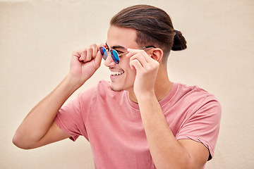 Image showing Happy man, retro or fashion sunglasses on isolated background in marketing branding, optometry sale or mockup. Smile, model or student in summer optician vision, eyes healthcare wellness or promotion