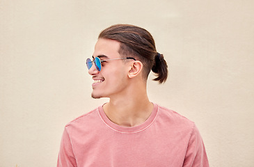 Image showing Man, happy or retro sunglasses on isolated background in marketing branding, optometry sale or summer mockup. Smile, model or student in fashion optician vision, eyes healthcare wellness or promotion