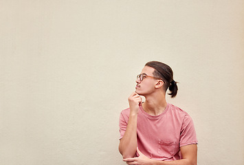 Image showing Man, thinking or glasses on isolated background for fashion promotion branding, optometry sales deal or mockup marketing space. Model, student or optician vision ideas for healthcare wellness or eyes