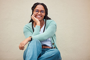 Image showing Black woman, portrait or glasses on isolated background deal, fashion branding mockup or optician sales promotion. Smile, happy or model student and vision in eyes healthcare wellness on wall mock up