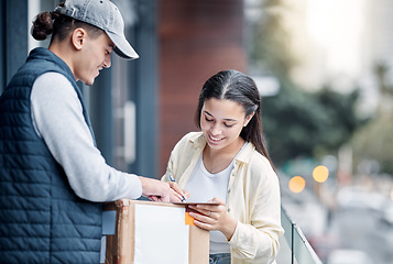 Image showing Delivery man, courier box or customer signature for retail sales product, shopping stock or cardboard shipping container. Logistic supply chain, mail distribution service or person with package cargo