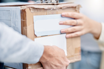 Image showing Customer hands, courier cardboard box and delivery man giving retail sales product, shopping or shipping container. Logistics supply chain, mail distribution service and person exchange package cargo