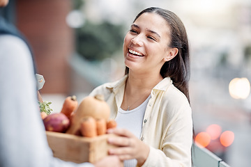 Image showing Grocery delivery man, courier shipping or happy customer exchange retail sales product, food shopping or vegetables container. Logistics supply chain, nutritionist or distribution person with package