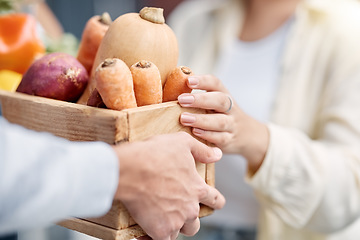 Image showing Grocery customer, courier delivery man or hands exchange retail sales product, food shopping or vegetables container. Logistics supply chain, nutritionist or distribution person with shipping package