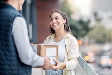 Image showing Happy customer, shipping courier box and delivery man giving retail sales product, shopping stock or mail container. Logistics supply chain, distribution service and person exchange package cargo