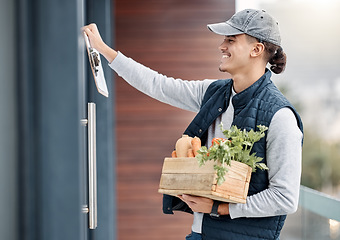 Image showing Grocery courier, door and delivery man knocking with retail sales product, food shopping or market shipping container. Logistics supply chain, health nutritionist and distribution person with package