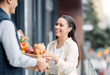 Image showing Grocery customer, courier shipping or delivery man exchange retail sales product, food shopping or vegetables container. Logistics supply chain, happy nutritionist or distribution person with package