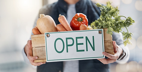 Image showing Vegetables, market and person holding food basket with open sign as delivery of groceries from online shop. Closeup, hands and courier with fresh products from organic farm for a vegetarian