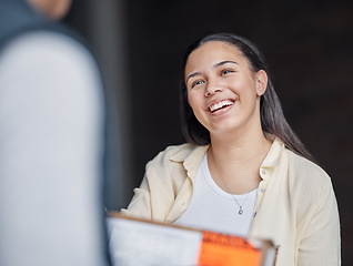 Image showing Happy customer delivery, courier box and man giving retail sales product, shopping stock or shipping container. Logistics supply chain, mail distribution service and person exchange package cargo