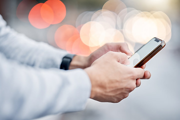 Image showing Technology, communication and hands with phone in city for social media, online website and typing message. Networking, 5g connection and man with smartphone for texting, chatting and search online