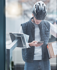 Image showing Phone, courier box and waiting delivery man contact user for retail sales product, cargo distribution or door shipping container. Logistics supply chain, mail service and person check package address