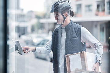 Image showing Press intercom, courier box or delivery man with retail sales product, cargo mail or cardboard shipping container. Logistics supply chain, distribution service and happy person arrival at front door