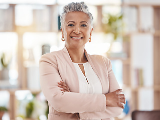 Image showing Portrait, business and woman with arms crossed in office, corporate company and management in Colombia. Business executive, mature female and smile for leadership, professional trust or vision of ceo