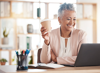 Image showing Happy, accountant or senior woman on laptop video call for financial strategy, networking or virtual assistance. Finance, smile or advisor for success stock market, invest budget or mortgage planning