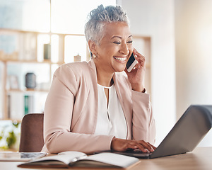 Image showing Phone call, happy accountant or woman on laptop for financial networking, company growth or trading in office. Finance, smile or advisor on smartphone for stock market, invest budget or tax planning