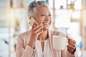 Image showing Senior woman, phone call and coffee in communication, conversation or discussion with smile at the office. Elderly female on smartphone smiling with cup talking about business idea or networking