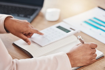 Image showing Calculator, accountant hands or woman writing for financial strategy, tax or audit review for company growth in office. Finance, zoom or advisor for stock market, invest budget or mortgage planning