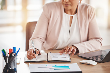 Image showing Hands, accountant or woman writing in notebook for financial strategy, tax or audit review for company growth in office. Finance or advisor for stock market, investment budget or mortgage planning