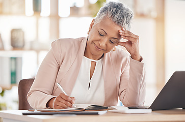 Image showing Thinking, accountant or woman writing in notebook for financial strategy or company growth tax audit review in office. Finance, report or advisor for stock market, invest budget or mortgage planning