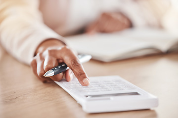 Image showing Hand, accountant or woman with calculator for financial strategy, tax or audit review for company growth in office. Finance, zoom or advisor for stock market, investment budget or mortgage planning