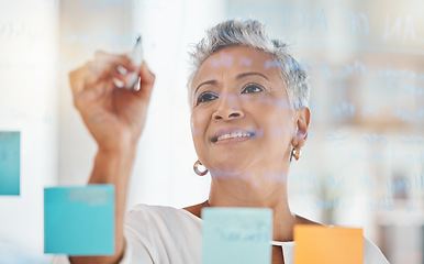 Image showing Senior business woman, writing and schedule planning for corporate strategy, ideas or tasks at office. Elderly female CEO in project management, brainstorming or sticky note plan for company goals