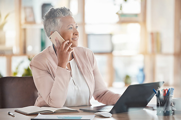 Image showing Phone call, happy accountant black woman or laptop for financial networking, company growth or trading in office. Finance or advisor on smartphone for stock market, invest budget or tax planning