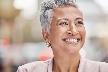 Image showing Senior woman smile, city and business person with blurred background thinking of finance work. Urban, investment vision and mature female face outdoor happy about investing and retirement ideas