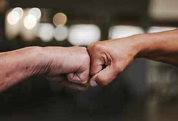 Image showing Hands, fist bump and fitness motivation for sports, greeting or team building in gym for wellness. Athlete men, friends partnership and support, agreement and collaboration, success and teamwork.