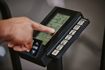 Image showing Fitness, treadmill and person doing cardio workout in the gym with technology for tracking. Sports, digital and finger pointing after running on training machine after exercise in a sport center.