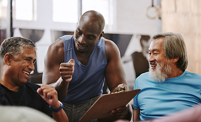 Image showing Gym, membership and personal trainer with men for sign up, planning and workout routine on blurred background. Health, checklist and coach with old people on floor for training, goals and motivation