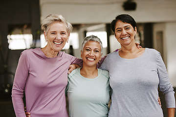 Image showing Elderly woman, exercise group and portrait with hug, smile and support for wellness goal. Senior women, team building and happiness at gym for friends, solidarity or diversity for teamwork motivation