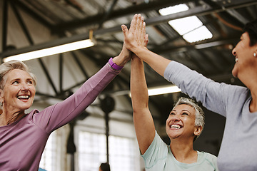 Image showing Teamwork, fitness and high five of senior women in gym celebrating workout goals. Sports targets, celebrate and group of friends with hands together for success, motivation and exercise achievements.