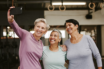 Image showing Selfie, friends and senior women in gym taking pictures for happy memory together. Sports, laughing and group of retired females taking photo for social media post after workout, training or exercise