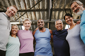 Image showing Senior people, fitness portrait and group support for training, workout or exercise community or gym club. Personal trainer and elderly, diversity circle in sports wellness, hug together for teamwork